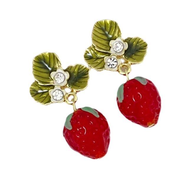 3D Red Strawberry Dangle Earrings Green enamel Leaves Crystal Accents - Picture 7 of 7